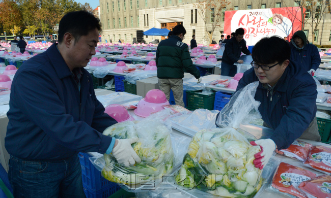 한국야쿠르트 직원과 자원봉사자 등이 15일 오전 서울광장에서 사상 최대 규모의 ‘사랑의 김장나누기’ 행사를 앞두고 준비작업을 하고 있다. 올해는 서울광장에서만 2250여명이 참가해 6만1500포기의 김장을 담근다.   정희조 기자/checho@heraldcorp.com