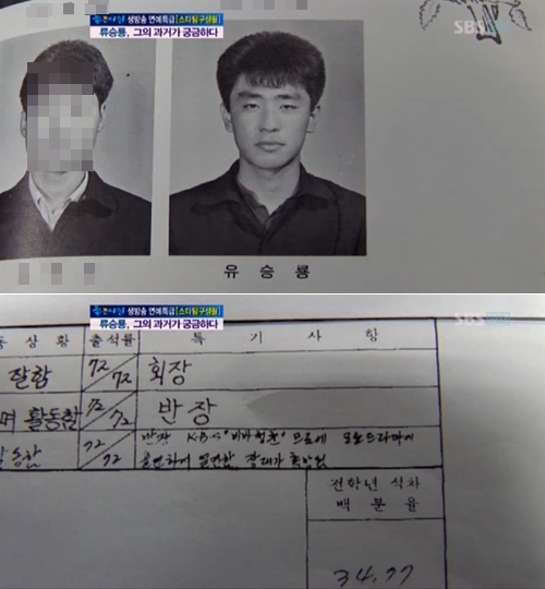 류승룡(배우)
류승룡의 담임 교사였던 권성동 씨는 “승룡이가 우등생이고 모범생이었다”며 “공부를 굉장히 잘했다. 3년 내내 반장과 회장을 도맡았다”고 밝혔다. 또, “보기에는 과묵하지만 학창시절부터 끼가 있었다”며 류승룡의 스타성에 대해 언급하기도 했다.