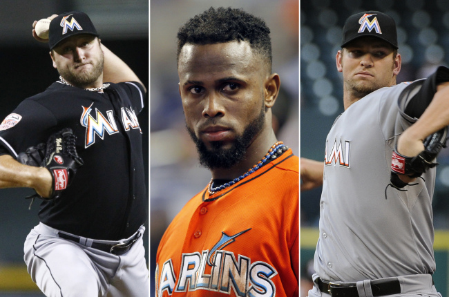 New Blue Jays: pitcher Mark Buehrle (from left), shortstop Jose Reyes and pitcher Josh Johnson   AP-Yonhap News
