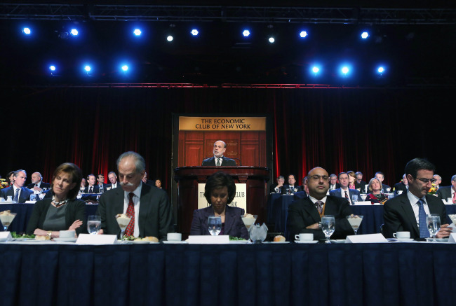 Federal Reserve Chairman Ben Bernanke speaks at the Economic Club of New York in New York City on Tuesday.    AFP-Yonhap News