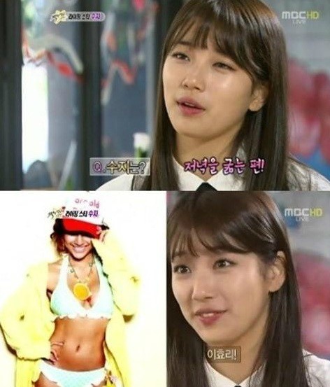 수지(배수지/가수/미쓰에이)
수지는 25일 방송된 MBC ‘섹션TV 연예통신’에 출연, 자신의 다이어트 비법에 대해 “저녁을 안 먹으려고 노력한다”고 밝혔다.
특히 수지는 “그래도 힘들 때는 야식이 땡긴다”면서 “라면이 제일 생각난다. 라면 같은 여자가 되고 싶다. 거부할 수 없는 라면 같은 여자?”라고 4차원소녀같은 발언을 하기도 했다.