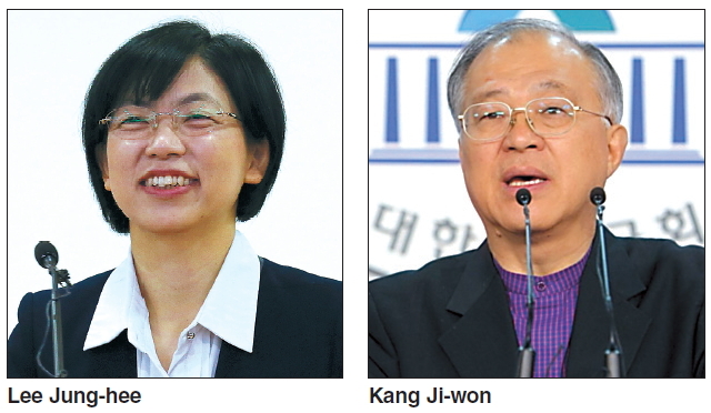이정희(대통령후보/통합진보당),강지원(대통령후보/변호사)
A record number of female candidates and progressive activists are set to stand in Dec. 19 presidential election, though most are receiving little attention from voters.
The National Election Commission wrapped up the two-day registration for the 18th election to pick the next head of state on Monday.