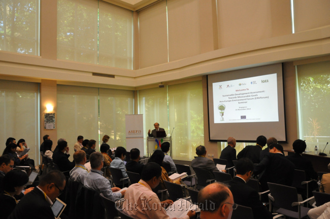 ASEF Director for Intellectual Exchange Thierry Schwarz makes his opening remarks on the first day of the two-day long ENVforum, titled “Sustainable Development Assessment: Towards Measureable Goals,” at the ASEF headquarters in Singapore on Nov. 21.