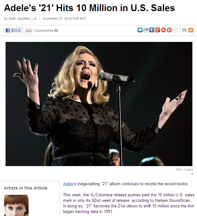 아델(Adele/가수)
미국 음반 판매량 집계기관인 닐슨사운드스캔의 11월 5째 주 집계에 따르면 아델의 앨범 ‘21’은 발매 92주 만에 미국에서 1000만 장의 판매고를 기록한 것으로 나타났다. ‘다이아몬드 레코드’는 미국에서 1000만 장 이상 팔린 앨범에 주어지는 영예로 미국레코드산업협회(RIAA)가 인증한다.