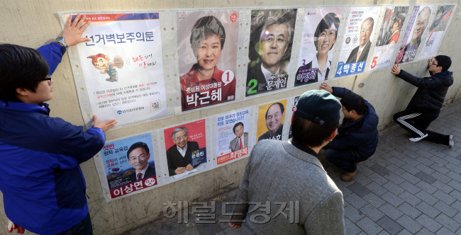 30일부터 전국 8만8천82곳에 제18대 대통령선거 후보자 선거벽보가 부착이 되는 가운데 종로구 선거관리위원회 직원들이 이화동에 한 벽면에 선거벽보를 부착하고 있다./안훈기자 rosedale@ 2012.11.30
30일부터 전국 8만8천82곳에 제18대 대통령선거 후보자 선거벽보가 부착이 되는 가운데 종로구 선거관리위원회 직원들이 이화동에 한 벽면에 선거벽보를 부착하고 있다./안훈기자 rosedale@ 2012.11.30