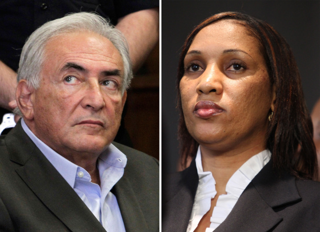 <YONHAP PHOTO-0585> This combo made from file photos shows former International Monetary Fund chief leader Dominique Strauss-Kahn on May 19, 2011, left, and Nafissatou Diallo on July 28, 2011, in New York. A person familiar with the case says Strauss-Kahn and Diallo, a New York City hotel maid who accused him of trying to rape her, have reached an agreement to settle her lawsuit. The person spoke to The Associated Press on Thursday on condition of anonymity to discuss the private negotiation. The details of the deal are unknown. (AP Photo, File)/2012-11-30 08:48:23/ <저작권자 ⓒ 1980-2012 ㈜연합뉴스. 무단 전재 재배포 금지.>
Strauss-Kahn (left) and Nafissatou Diallo