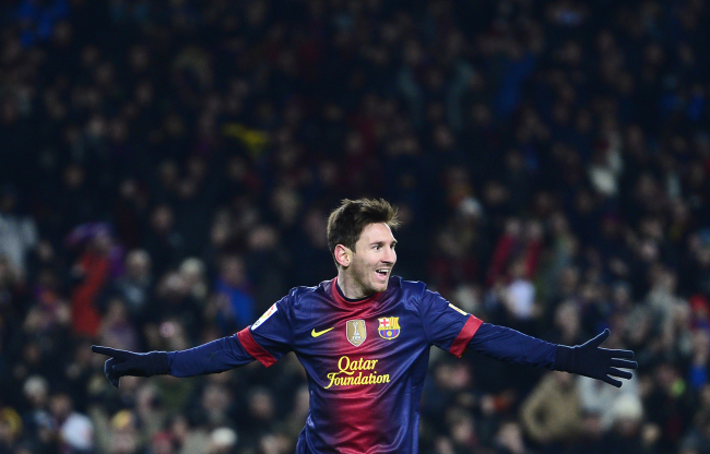 FC Barcelona’s Lionel Messi reacts after scoring against Athletic Bilbao during a Spanish La Liga soccer match a at the Camp Nou stadium in Barcelona on Saturday.   AP-Yonhap News