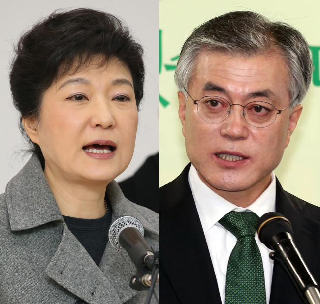 검찰개혁안 발표하는 박근혜와 문재인 (서울 강릉=연합뉴스) 취재팀 = 새누리당 박근혜 대선후보와 민주통합당 문재인 대선후보가 2일 오전 각각 강릉시과 서울 영등포구 당사에서 검찰개혁안을 발표하고 있다. 2012.12.2 photo@yna.co.kr (끝)