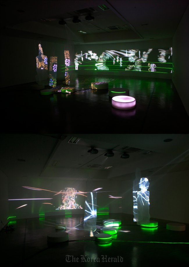 Media artist Jin Si-yon’s “Temple Un-ju” features video projection, moving images, music and materials and structures to intensify the storyline of the folktale passed on by people in the Jeolla region, where Jin was born.   Jean Gallery