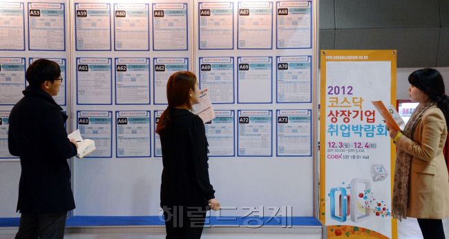 1일 오전 헤럴드경제와 한국거래소코스닥협회가 공동으로 주최하는 '2012 코스닥상장기업 취업박람회'가 삼성동 코엑스에서 열리고 있다./안훈기자 rosedale@ 2012.12.03