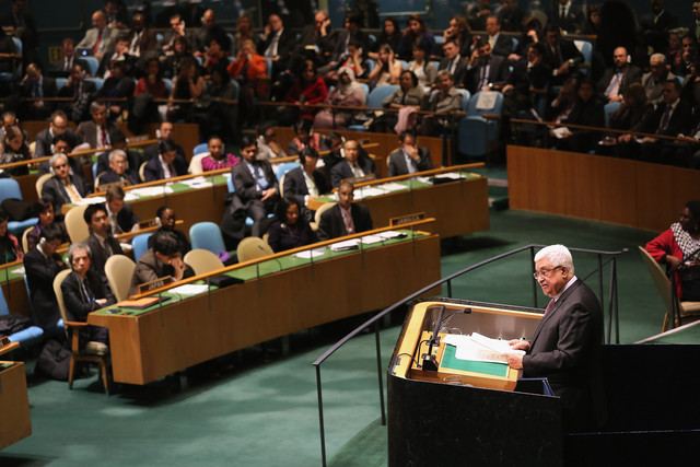 Mahmoud Abbas, president of the Palestinian Authority, addresses the United Nations General Assembly in New York. (Bloomberg)