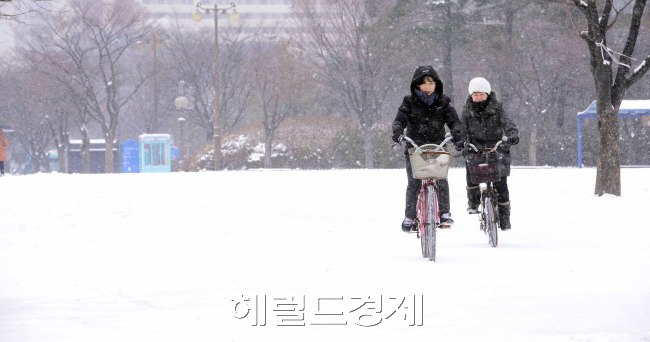 '대설'인 7일 오전 전국적으로 많은 눈이 내리는 가운데 시민들이 여의도 공원에서 눈을 맞으며 자전거를 타고 이동하고 있다. 박해묵 기자/mook@heraldcorp.com