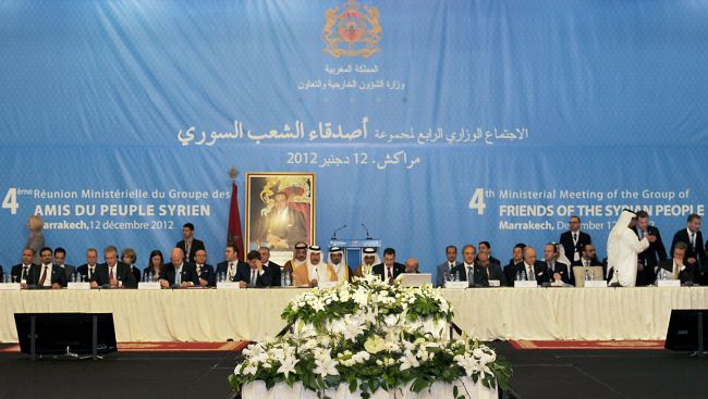 A general view shows delegates at the conference of the Friends of Syria group meeting of Arab and Western states in Marrakesh on Wednesday.   AFP-Yonhap News