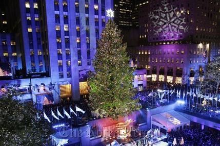 In this, Nov. 28, 2012, photo, the Rockefeller Center Christmas tree is lit during the 80th annual tree lighting ceremony at Rockefeller Center in New York. Scientists are working to decipher the DNA code of conifers, like this Norway spruce at Rockefeller Center in New York.   AP Photo/Kathy Willens