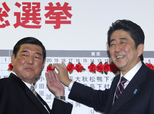 <YONHAP PHOTO-1346> Japan's main opposition leader Shinzo Abe, right, of the Liberal Democratic Party, and the party Secretary-General Shigeru Ishiba pose for photos as they place a rosette on the name of one of those elected in parliamentary elections at the party headquarters in Tokyo Sunday, Dec. 16, 2012. Japan's conservative LDP stormed back to power Sunday after three years in opposition, exit polls showed, signaling a rightward shift in the government that could further heighten tensions with rival China. (AP Photo/Junji Kurokawa)/2012-12-16 22:50:10/ <저작권자 ⓒ 1980-2012 ㈜연합뉴스. 무단 전재 재배포 금지.>
Japan’s main opposition leader Shinzo Abe (right) of the Liberal Democratic Party, and the party Secretary-General Shigeru Ishiba pose for photos as they place a rosette on the name of one of those elected in parliamentary elections at the party headquarters in Tokyo on Sunday.   AP-Yonhap News