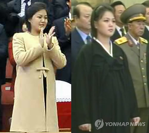 Ri Sol-ju, wife of North Korean leader Kim Jong-un, appears at the 1st anniversary of the death of former N. Korean leader Kim Jong-il on Monday (right photo) and  at a music band performance on Oct. 10. (left photo). (Yonhap News)