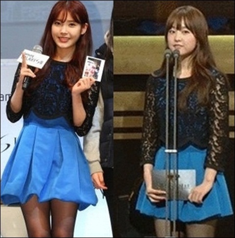 아이유(좌/이지은/가수),박보영(배우)
가수 아이유와 배우 박보영이 ‘같은 옷 다른 느낌’을 뽐냈다.
최근 박보영은 시상식에서, 아이유는 팬미팅에서 파란색 원피스에 망사 블라우스를 레이어드한 똑같은 의상을 선보인 것.
국민여동생이라 불리는 두 사람이 같은 스타일로 등장해 묘한 경쟁구도를 만들고 있는 상황이다.