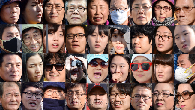 A collection of close up photographs shows the faces of voters listening to presidential candidates’ final speeches on the final day of the official campaign period Tuesday. The polls will open from 6 a.m. to 6 p.m. on Wednesday.   Ahn Hoon/The Korea Herald