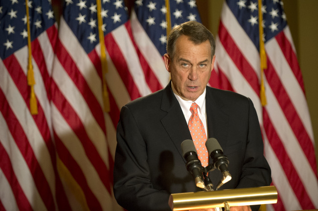 Speaker of the House John Boehner speaks about the fiscal cliff to members of the media in the White House Briefing Room on Wednesday.   UPI-Yonhap News