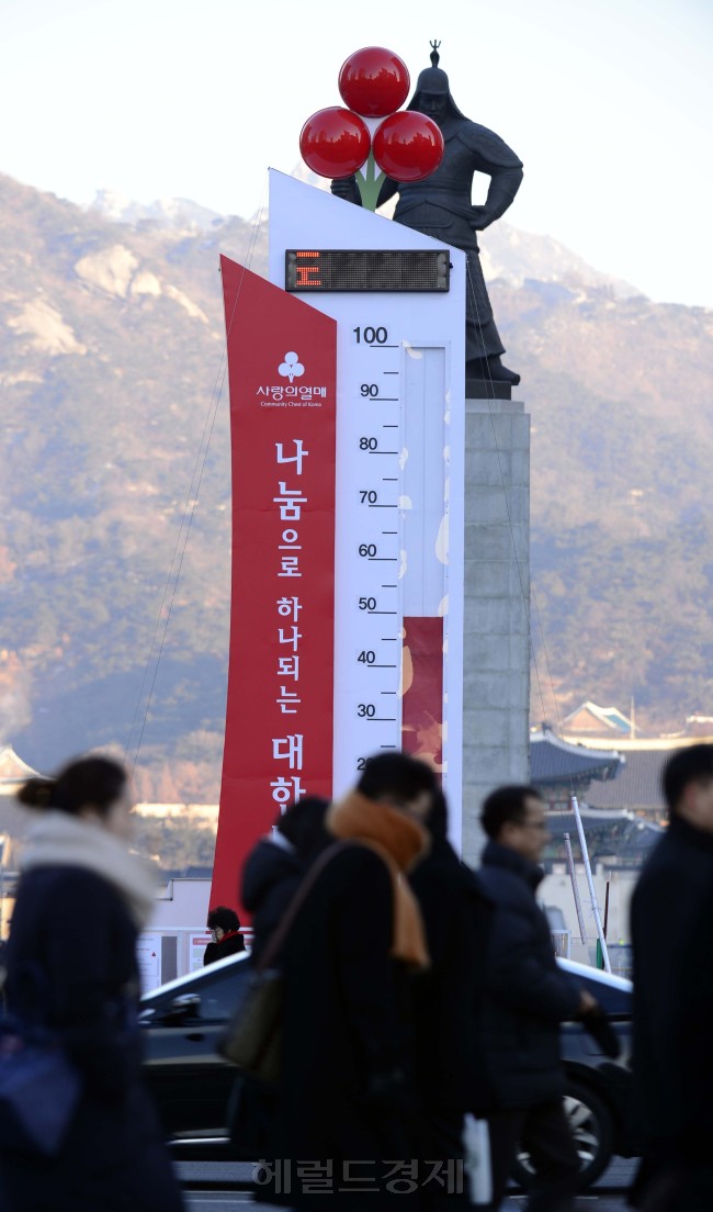 한파가 절정에 달했다. 크리스마스 이브인 24일 오전 영하 14도의 날씨를 보이는 가운데 사랑의 온도탑의 온도는 49.3도를 가르키고 있다. 박해묵 기자/mook@heraldcorp.com