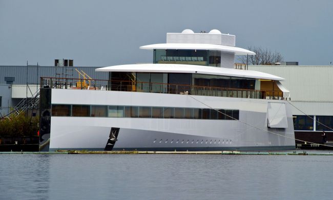 The yacht ordered by Apple’s late founder Steve Jobs and designed by French Philippe Starck’s Ubik company at the De Vries shipyard in Aalsmeer   AFP-Yonhap News