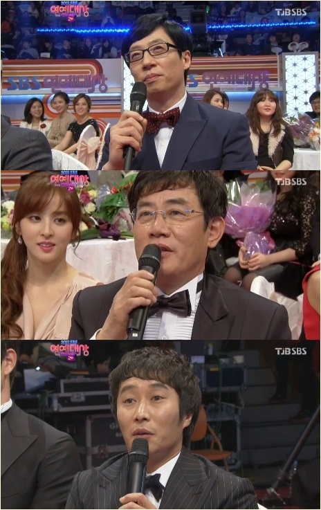 유재석(개그맨/MC),이경규(개그맨/MC),김병만(개그맨/MC)
‘2012 SBS 연예대상’의 주인공은 유재석이었다. ‘힐링캠프’ 이경규와 ‘정글의 법칙’ 김병만과 경합을 벌인 끝에 ‘런닝맨’의 주역인 그에게 대상의 영예가 돌아갔다. 12월 30일 오후 8시 45분부터 서울 마포구 상암동에서는 ‘2012 SBS 연예대상’이 생방송으로 진행됐다. 윤도현, 수영, 하하 등 3인 MC체제로 꾸며진 이날 방송은 올 한 해 SBS 예능을 위해 힘쓴 예능인들이 총출동, 자리를 빛냈다.