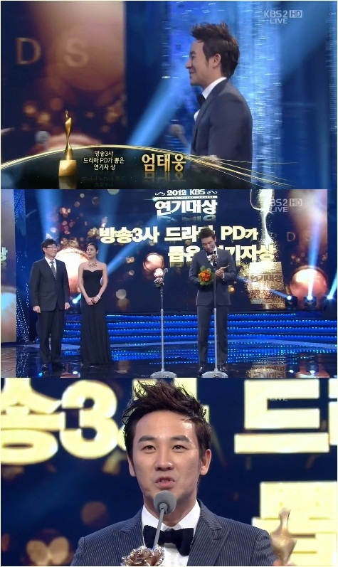 엄태웅(배우)
‘적도의 남자’로 열연을 펼친 남녀 주인공 엄태웅과 이보영이 중편드라마 부문 우수 연기자상을 받았다.
엄태웅, 이보영은 31일 오후 8시 50분부터 여의도 KBS홀에서 생방송으로 진행된 ‘2012 KBS 연기대상’에서 우수 연기자상의 트로피를 안았다.