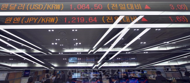 3일 오전 서울 명동 외환은행 본점에서 원달러 환율과 원에 소폭상승을 보이고 있다.(다중촬영)<br />김명섭 기자 msiron@
풍부해진 글로벌 유동성이 원화 강세로 이어지고 있는 가운데 3일 서울 명동 외환은행 본점의 환율 시세 모니터가 저점 경계감에 따른 환율 상승을 알리고 있다. 김명섭 기자/msiron@heraldcorp.com