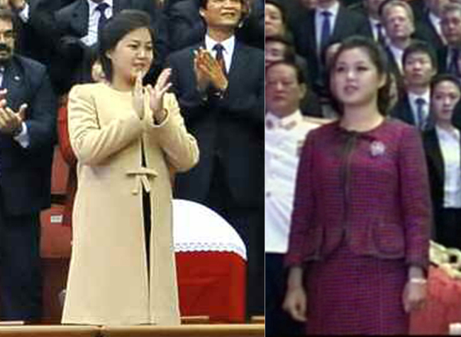 Images captured from North Korean Central TV show North Korean leader Kim Jong-un’s wife Ri Sol-ju watching concerts, one on Oct. 30, last year (left photo) and the other on Jan. 1, this year (right photo).   Yonhap News