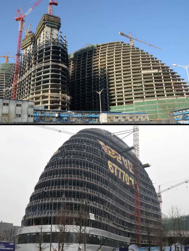 This combo shows pictures of the construction of the Wangjing SOHO building in Beijing (top), designed by architect Zaha Hadid, and construction of the Meiquan 22nd Century building (bottom) in China’s southwest Chongqing on Jan. 3.   AFP-Yonhap News