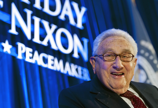 Dr. Henry Kissinger addresses the Richard Nixon Centennial Birthday Celebration in Washington on Wednesday.   AP-Yonhap News