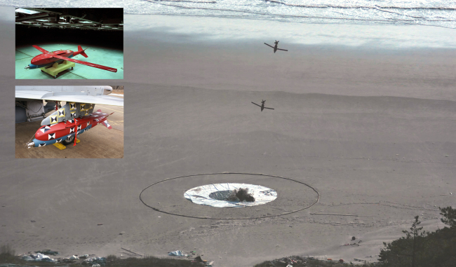 Bombs fitted with a locally developed global positioning system strike a target during a test conducted on the west coast, and the GPS-fitted bomb attached to an F-5 fighter jet (inset).   Agency for Defense Development