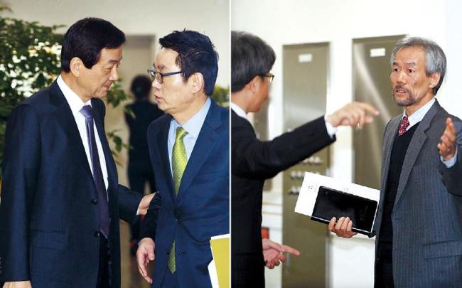 Key members of President-elect Park Geun-hye’s transition team seen at its office in Seoul on Monday. From left: Deputy chief of the transition committee Chin Young, spokesman Yoon Chang-jung, planning and coordination of state affairs subcommittee’s representative Yoo Min-bong and member Rep. Kang Seog-hoon. (Ahn Hoon/The Korea Herald)