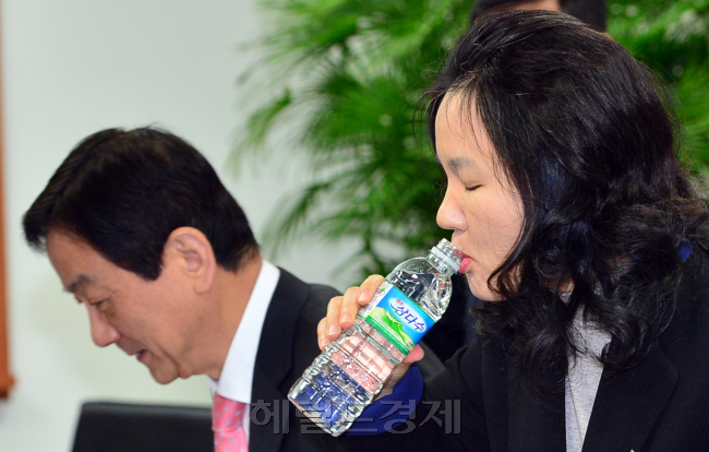 이혜진 법질서사회안전 간사가 15일 오전 서울 삼청동 대통령직인수위원회에서 열린 법질서사회안전분과 행정안전부 업무보고에 참석해 물을 마시고 있다.
정부조직개편 확정을 둘러싸고 부처 간 쟁탈전이 벌어지고 있다. 행정안전부는 부서의 핵심기능인 인사실의 행방이 초미의 관심사다. 15일 업무보고에서 이혜진 법질서사회안전분과 간사가 업무보고가 마땅치 않은지 물을 마시고 있다. 왼쪽은 진영 부위원장. 　안훈 기자/rosedale@