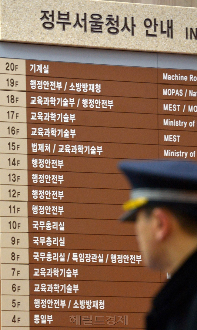 행정안전부가 안정행중부로 바뀌는 등 '박근혜 정부'의 정부조직개편안이 발표된 가운데 16 정부서울청사 각 부처 안내간판<br />김명섭 기자 msiron@heraldcorp.com
대통령직인수위원회의 정부조직 개편안으로 부처별 희비가 엇갈리고 있다. 서울 세종로 정부중앙청사 내 부처 안내간판도 바뀐 이름으로 곧 교체된다. 김명섭 기자/msiron@