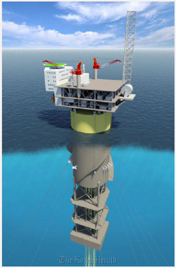 An artist rendering of a spar platform, which is a deep-draft floating caisson.   HHI