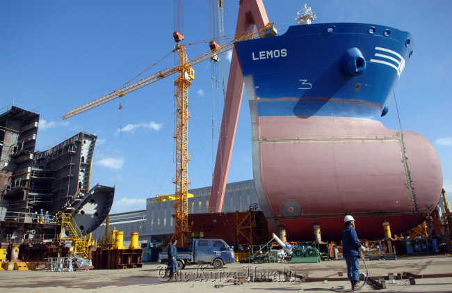 A tanker is under construction at the Hyundai Heavy Industries shipyard in Ulsan.   Bloomberg
