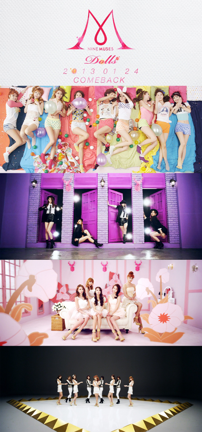 나인뮤지스(가수/걸그룹)
9인조 걸그룹 나인뮤지스가 22일 오후 6시 30분 경기도 파주 육군 제1보병사단 전방부대에서 신곡 ‘돌스(Dolls)’ 쇼케이스를 가졌다. 가수 한 팀이 ...거나 직접 만든 피켓을 격렬하게 흔들며 환호성을 높였다. 전날 내린 비로 무대가 마련된 연병장이 심하게 질척였지만 병사들은 그리 신경 쓰지 않는 눈치였다.