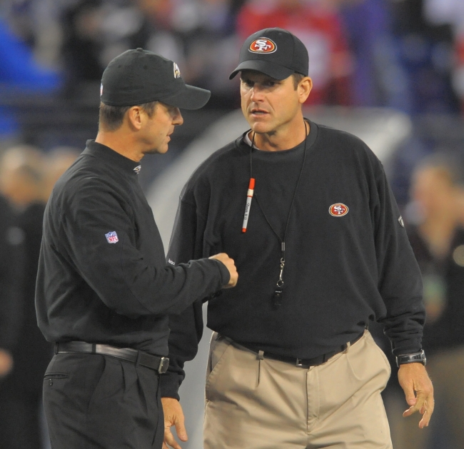 Ravens head coach John Harbaugh (left) and 49ers head coach Jim Harbaugh   MCT