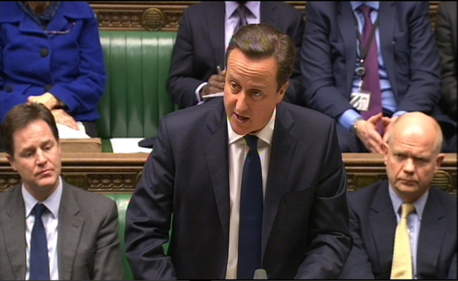 In this TV image, Britain’s Prime Minister David Cameron speaks in the House of Commons in London on Monday.   AP-Yonhap News