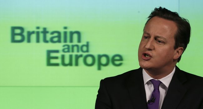 British Prime Minister David Cameron delivers a speech on Europe in London on Wednesday.   Bloomberg
