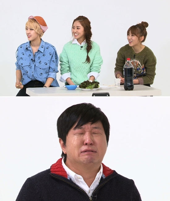 전지윤(상위좌즉부터/가수/포미닛),남지현(가수/포미닛),권소현(가수/포미닛),정형돈(하위/개그맨)
개그맨 정형돈이 걸그룹 앞에서 폭풍 눈물을 쏟아 그 이유에 관심이 쏠리고 있다. 오는 30일 방송 예정인 MBC에브리원 ‘주간 아이돌’에서는 투윤으로 돌아온 포미닛 멤버 지윤과 가윤, 깜짝 게스트 포미닛 소현이 출연해 ‘한우요정 도니코니와 불판 위 아이돌’이라는 코너를 방송한다.