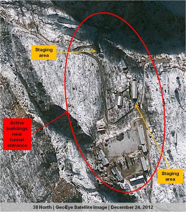 This Dec. 24 satellite image provided by GeoEye shows North Korea’s Punggye-ri nuclear test facility. It shows that over the past month roads have been kept clear of snow and that North Koreans may be sealing the tunnel into a mountainside where a nuclear device would be detonated. (AP-Yonhap News)