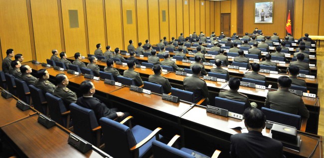 North Korean leader Kim Jong-un presides over an enlarged meeting of the Central Military Commission of the Workers’ Party in this undated recent picture released by North Korea’s official news agency KCNA in Pyongyang on Sunday.   Yonhap News