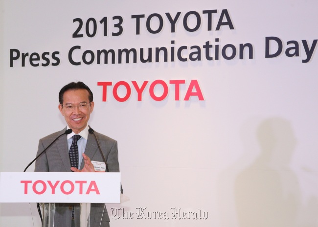 Toyota Motor Korea CEO Tommy H. Nakabayashi speaks during a press conference held at a Seoul dealership on Wednesday.   Toyota Motor Korea