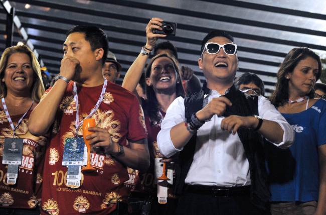 South Korean singer Psy smiles at the Sambadrome in Rio de Janeiro, Brazil on February 9, 2013. (AFP)
