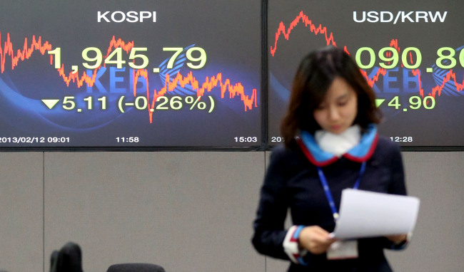 An electronic board at Korea Exchange Bank headquarters shows the KOSPI’s closing price and the won-dollar exchange rate on Tuesday.   Yonhap News