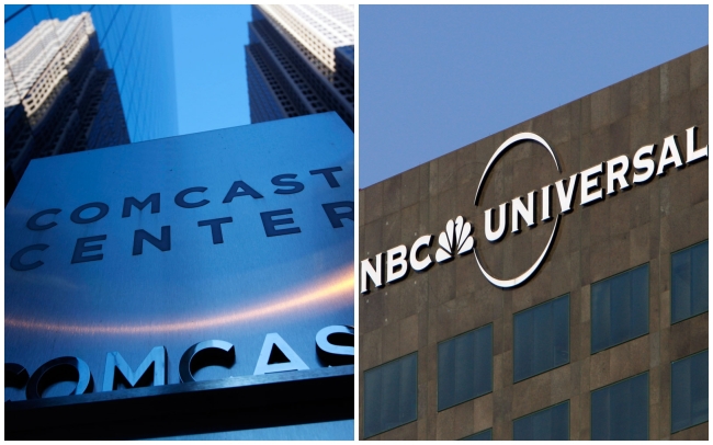 Combination photos of the Comcast Center (left) in Philadelphia and the Universal Studios theme park in Los Angeles.   AP-Yonhap News