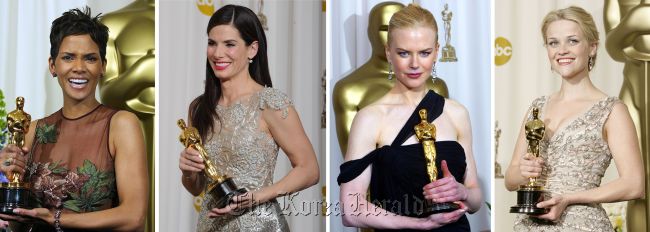 <YONHAP PHOTO-0469> (FILES) This combination of file photos show Academy Award winners for Best Actress (L-R) Halle Berry on March 24 2002; Sandra Bullock on March 7, 2010; Nicole Kidman on March 23, 2003 and Reese Whitherspoon on March 5, 2006. The four actresses will join the line-up of presenters at the 85th Academy Awards, organizers said on February 13, 2013. They are the latest addition to the presenting cast at the February 24 show, which already includes former honorees Meryl Streep and Catherine Zeta-Jones. AFP PHOTO/FILES../2013-02-14 07:43:55/ <저작권자 ⓒ 1980-2013 ㈜연합뉴스. 무단 전재 재배포 금지.>
Past Academy Award winners for Best Actress: (from left) Halle Berry, Sandra Bullock, Nicole Kidman and Reese Whitherspoon.   AFP-Yonhap News