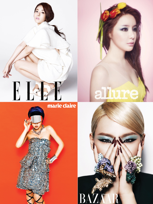산다라박(시계방향으로/가수/2NE1),박봄(가수/2NE1),CL(이채린/가수/2NE1),공민지(가수/2NE1)
서로 다른 잡지에서 솔로 화보를 진행한 것은 2NE1이 처음이다. 그 동안 야자수 머리, 베지터 머리 등 강렬한 메이크업과 독특한 스타일링의 의상을 보여줬던 산다라박은 엘르 화보에서 여성스러운 매력을 뽐냈다. 박봄은 얼루어를 통해 파격적인 색감의 메이크업과 꽃을 활용해 자신의 이름과 어울리는 봄 콘셉트의 뷰티 화보를 공개했다